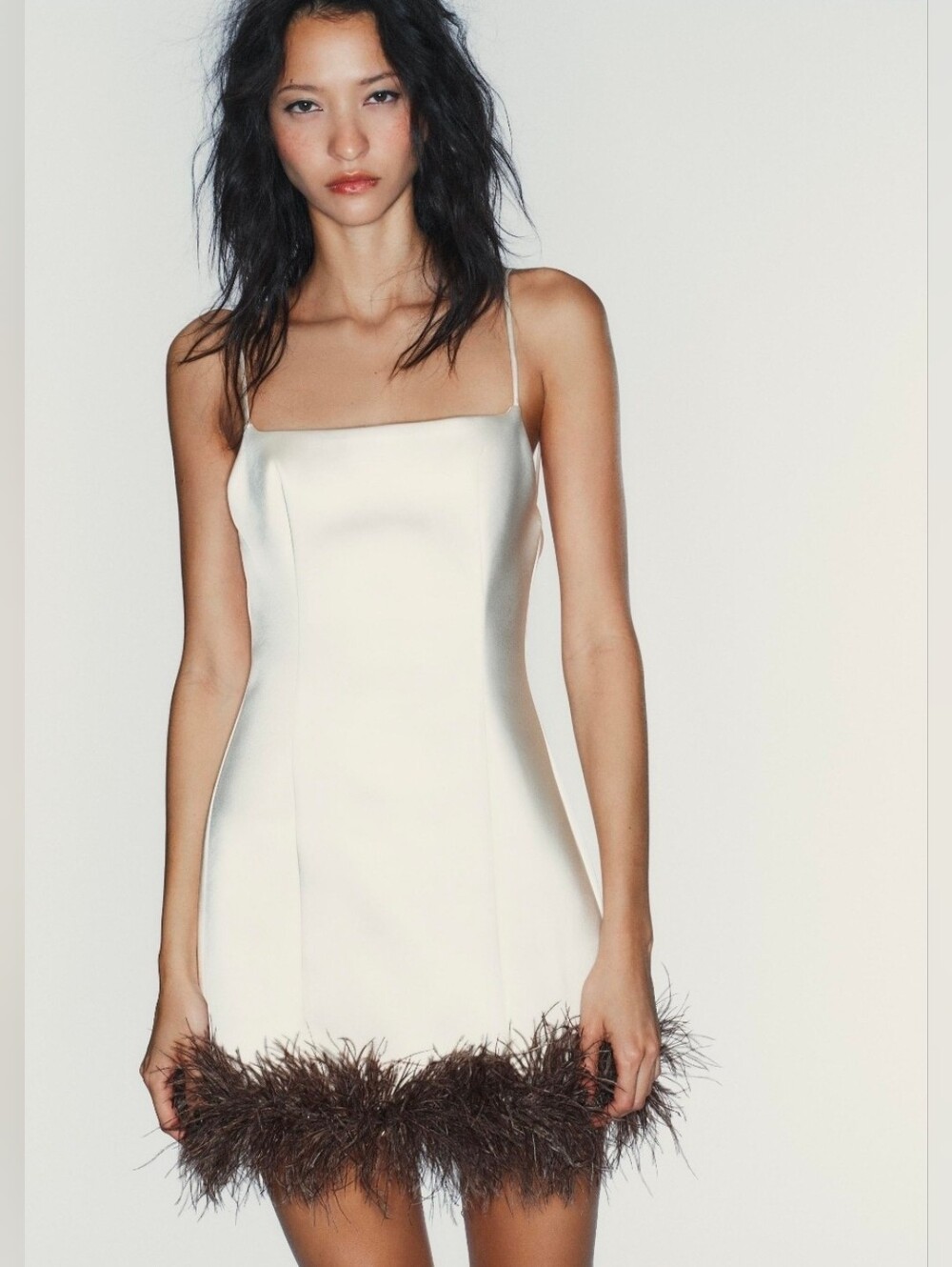 Zara Ivory Mini Dress with Brown Feather Trim
